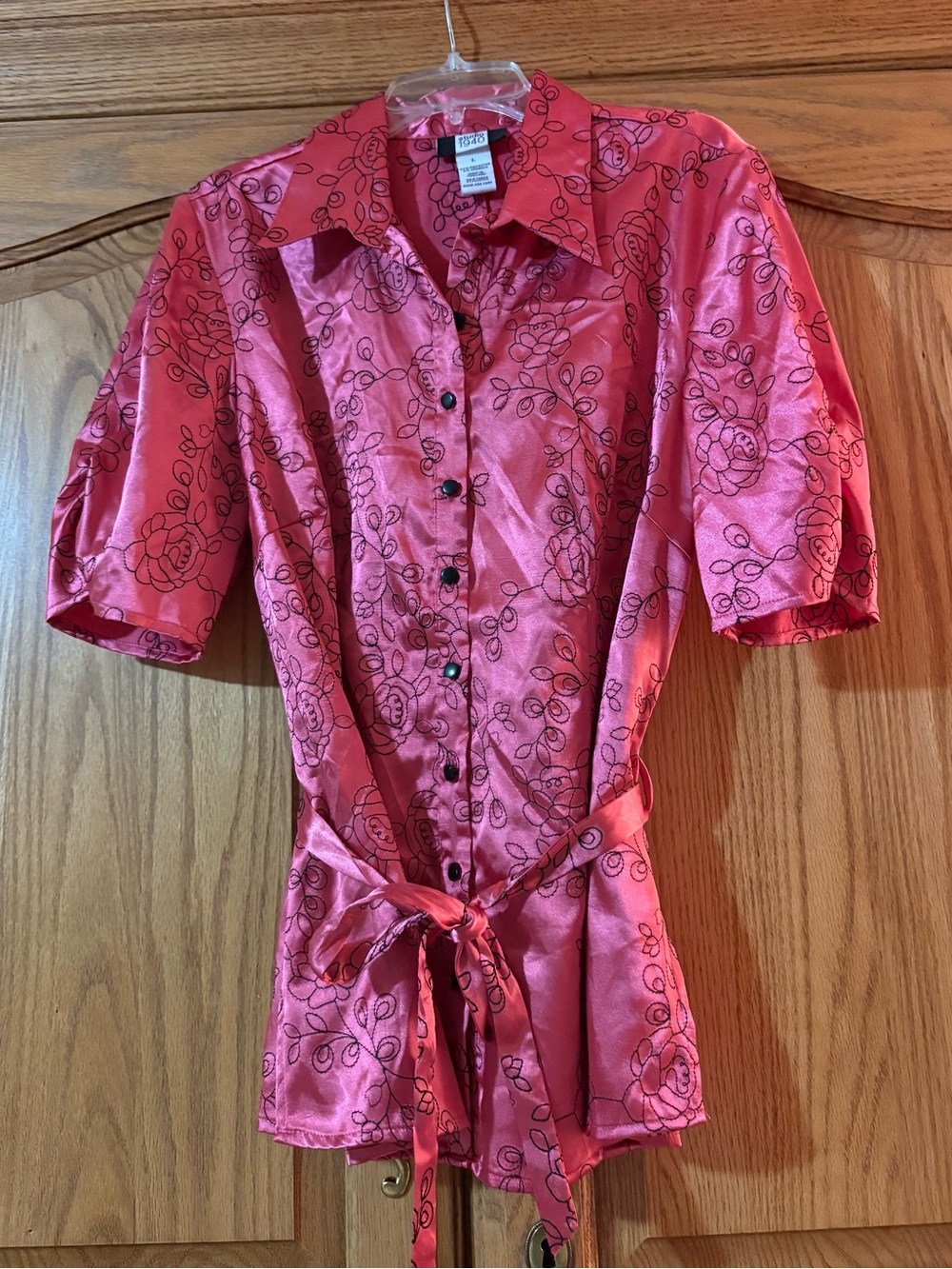 Studio Pink Floral Satin Button-Front Shirt Dress with Waist Tie